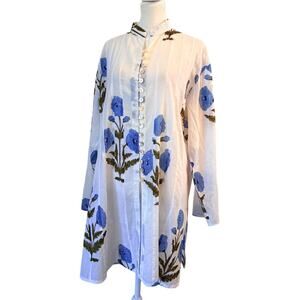 KEMBLE Palm Beach Tunic White Blue Floral Poppies 100% Cotton Luxury Resortwaer